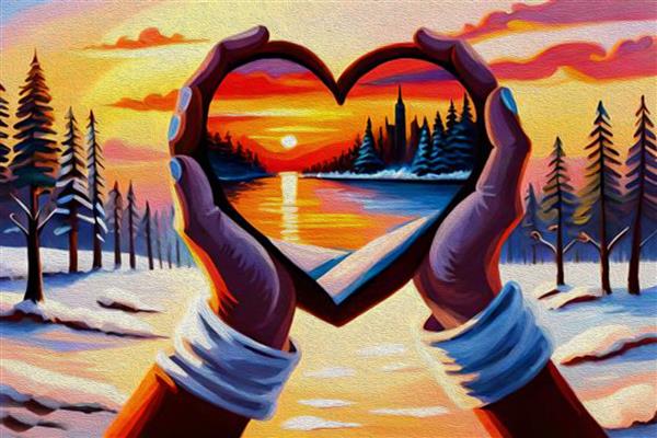 نقاشی رنگ روغن زنی که دستکش های زمستانی به دست می گیرد نماد قلب به شکل غروب آفتاب سبک زندگی در پس زمینه