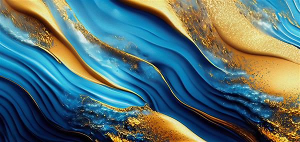 امواج طلایی و آبی پس زمینه انتزاعی جلوه فلزی نقاشی دیجیتال مدرن با بافت