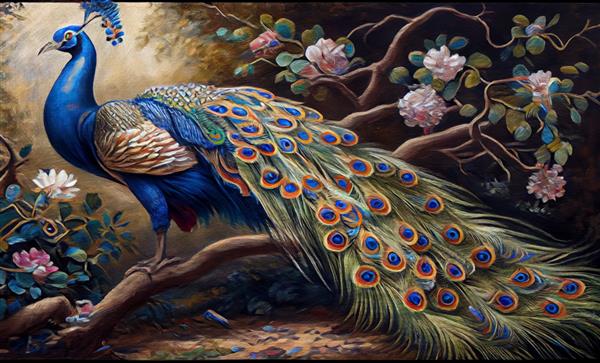 نقاشی رنگ روغن جذاب عظمت طاووس سلطنتی بزرگ با دم باز