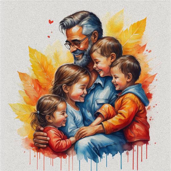 تصویر آبرنگ پدر مهربان و دلسوز با فرزندان جدا شده در پس زمینه سفید