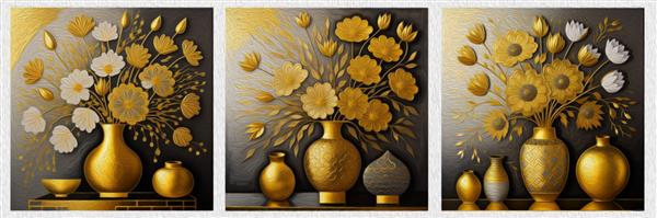 نقاشی رنگ روغن گلدان گل بافت سبک شرقی خاکستری و طلایی مجموعه هنری بوم برای دکوراسیون و داخلی