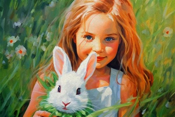 نقاشی اکریلیک دختر به زیبایی لبخند می زند دختر زیبا با یک اسم حیوان دست اموز کرکی سفید در باغ در یک چمن سبز در تابستان