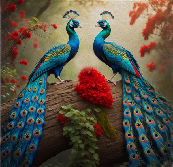 یک جفت طاووس با گل های قرمز ژاپنی و طوطی جادویی