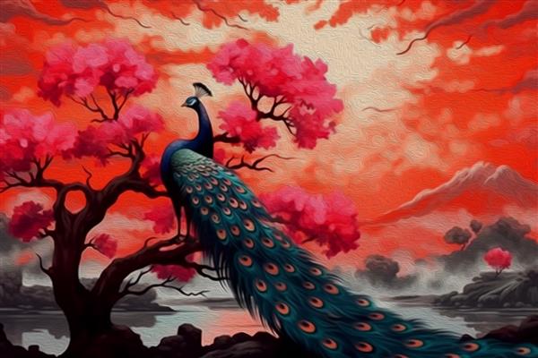 نقاشی دیجیتال با رنگ اکریلیک منظره رنگ قرمز نارنجی گل طاووس در صبح و درختان ابر آسمان خاکستری سیاه پس زمینه نقاشی شده با دست