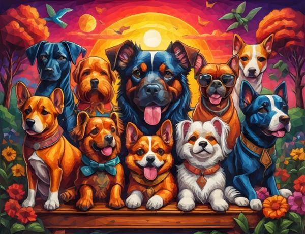 نقاشی گروهی از سگ ها که روی نیمکتی با پس زمینه طلوع آفتاب نشسته اند
