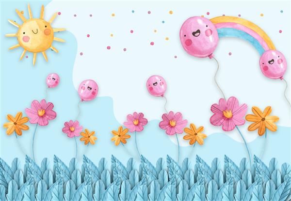 کاغذ دیواری سه بعدی خورشید با بادکنک و گل برای کودکان