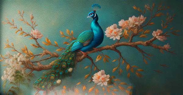 نقاشی رنگ روغن شاخه درخت با گل نقاشی رنگ روغن دو طاووس