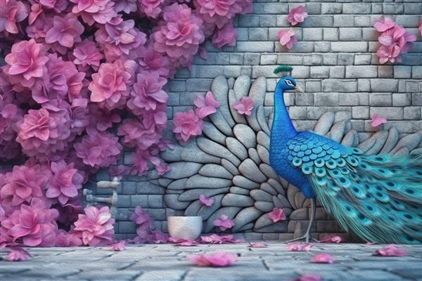 تصویر سه بعدی آجر خاکستری طاووس برگ و گل پس زمینه شهر