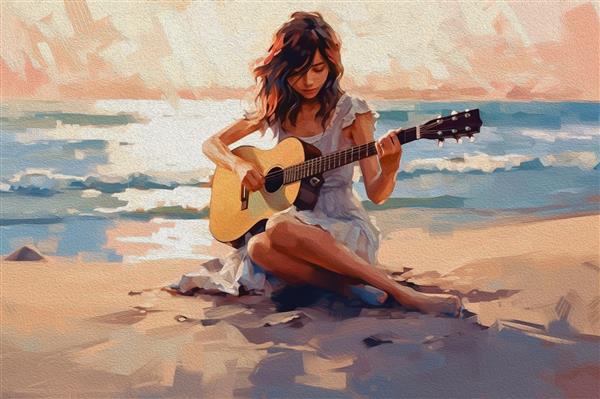 مجموعه نقاشی رنگ روغن هنر دیجیتال دختر در حال نواختن گیتار در ساحل بافت اکریلیک روی بوم تصویر داستان سرایی