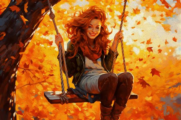 نقاشی رنگ روغن دختر شاد روی تاب درخت در پاییز با برگ پس زمینه رنگارنگ غروب آفتاب
