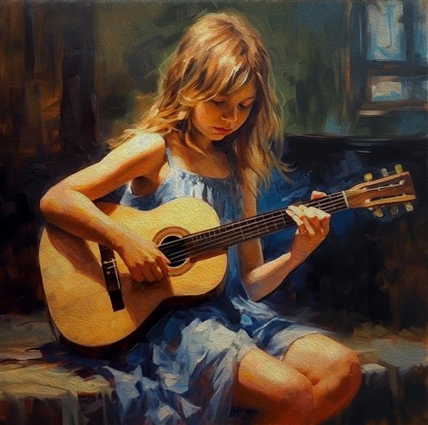 دختر گیتار می نوازد دروس موسیقی نقاشی رنگ روغن روی بوم