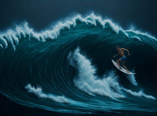 نقاشی رنگ روغن - مردی در حال موج سواری موج بزرگ