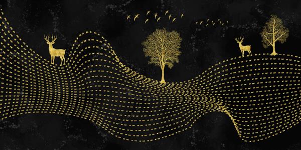 کاغذ دیواری دیواری سه بعدی هنر مدرن منظره شب با پس زمینه سیاه تیره ستاره های درختان طلایی گوزن ها پرندگان و امواج طلایی