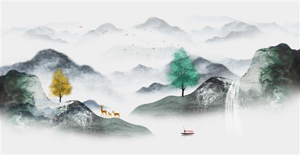 پس زمینه هنر منظره چینی مدرن انتزاعی هنر دیواری مدرن شیک شستشوی جوهر کوه های طلایی مناظر