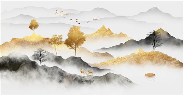 پس زمینه هنر منظره چینی مدرن انتزاعی هنر دیواری مدرن شیک شستشوی جوهر کوه های طلایی مناظر