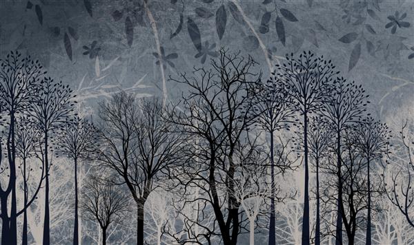 کاغذ دیواری سه بعدی دیواری درختان ساده سیاه و روشن در زمینه تیره گل دکوراسیون داخلی منزل
