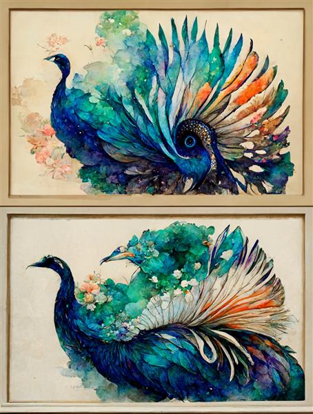 طراحی هنر دیجیتالی رنگارنگ دیوار طاووس با گل دکوراسیون سه بعدی دیوار مدرن در زمینه روشن