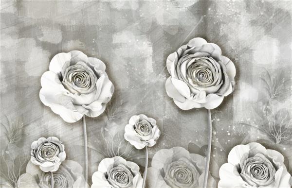 کاغذ دیواری سه بعدی با گل های ساده در پس زمینه سفید گل های مدرن روی یک دیوار ساده