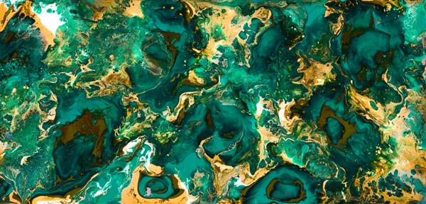 پس‌زمینه بافت مرمری مخلوط مایع سبز-طلا با جلوه سنگ‌های قیمتی مرمریت جوهر الکلی تک رنگ با جریان موج دار رنگ برای سطح کاشی دیوار سرامیکی آب نقاشی سنگ مرمر سیال هنر