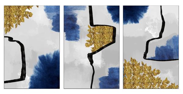 طراحی سه بعدی نقاشی ژئود آبرنگ با پس‌زمینه شکل‌های آبی طلایی کاغذ دیواری برای قاب های بوم دیواری خطوط مواج مشکی در پس زمینه خاکستری
