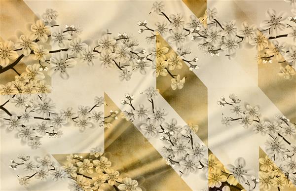 کاغذ دیواری سه بعدی با گل های سفید و شاخه های طلایی پس زمینه ابریشم بژ