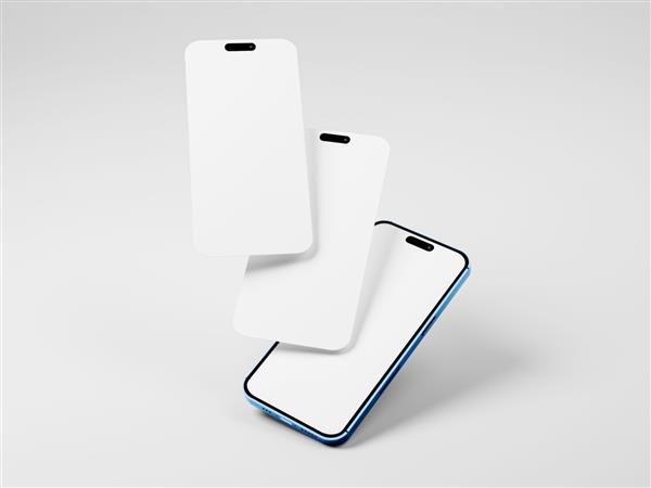 ماکت گوشی iPhone 14 pro max مدل سه بعدی گوشی هوشمند 3 گوشی در قسمت جلویی تصویر رندر شده سه بعدی