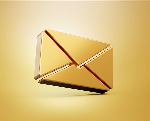 نماد نامه سه بعدی طلایی جدا شده در پس زمینه طلایی علامت پاکت نامه نماد ایمیل نماد نامه تصویرسازی سه بعدی