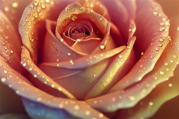 تصویر نزدیک از گل رز ظریف زیبا و لطیف از رنگ مرجانی صورتی پاستلی با قطرات باران روی گلبرگ ها ساخته شده با سبک تاری برای پس زمینه تمرکز انتخابی رندر سه بعدی