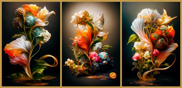 دسته گل های خشک ترکیبات هنری برای چاپ و طراحی داخلی مجموعه ای از سه تصویر رندر سه بعدی