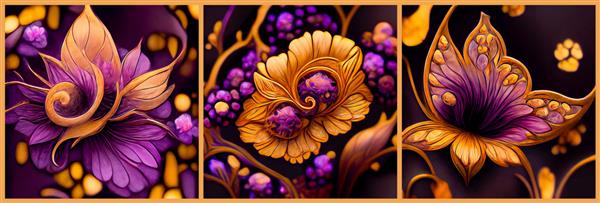 گل های بنفش آرت نو در قاب طلایی مجموعه گرانبهای برازنده از سه تصویر تصویر سه بعدی