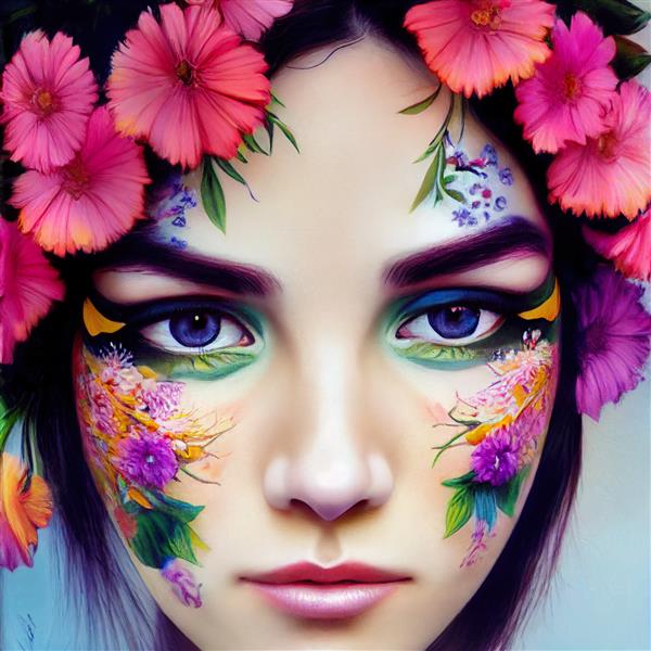 یک ایومن بیش از حد واقع بین با چهره زیبایش که از گل ها نقاشی شده است