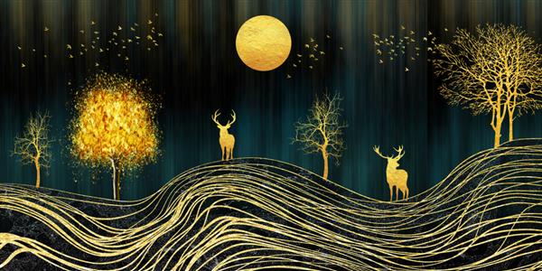 کاغذ دیواری دیواری سه بعدی هنر مدرن منظره شب با پس زمینه سیاه تیره با ستاره ها و ماه درختان طلایی گوزن ها و امواج طلایی