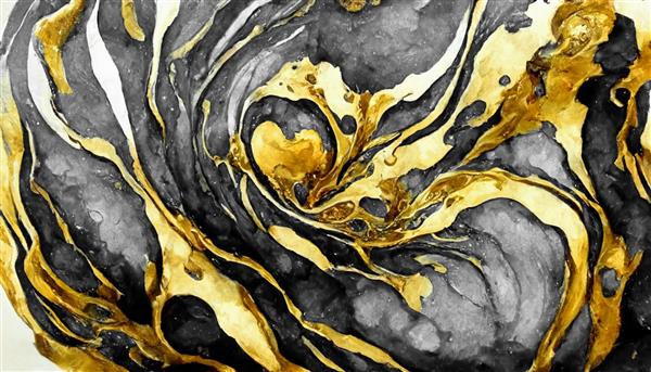 طرحی انتزاعی با بافت دیدنی و مشکی طلایی که مانند موج جامد مایع موج می زند تصویرسازی سه بعدی دیجیتال نقاشی واقع گرایانه با آبرنگ