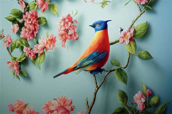 کاغذ دیواری حیوانات در باغ و پرندگان رنگارنگ تصویرسازی سه بعدی