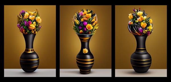 گلدان های رندر سه بعدی مشکی و طلایی با گل های قرمز و پس زمینه قهوه ای تیره هنر دیجیتال برای دکور دیوار