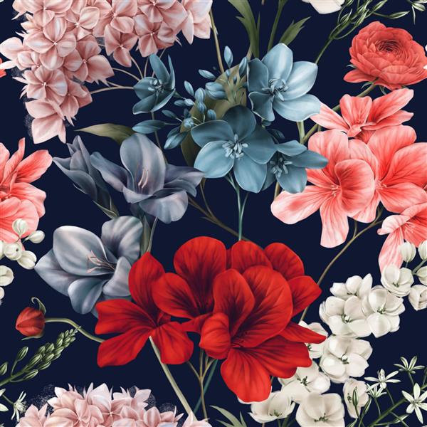 الگوی گل بدون درز با گل در پس زمینه تابستانی تصویر آبرنگ طراحی قالب برای منسوجات داخلی لباس کاغذ دیواری