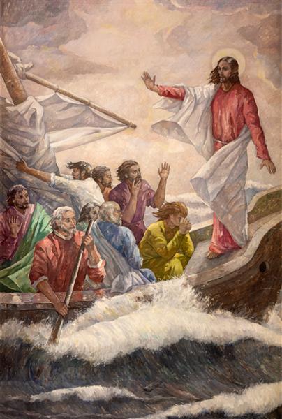 والنسیا اسپانیا - 17 فوریه 2022 نقاشی دیواری esus طوفان را آرام می کند در کلیسای Iglesia de Buen Pastor اثر میگل واگر 1959