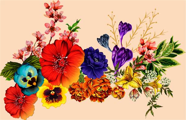 یک تصویر آبرنگ طرح موتیف گلهای دیجیتال زیبا ترکیب دستی طراحی برای پوشش پارچه پارچه کاغذ بسته بندی
