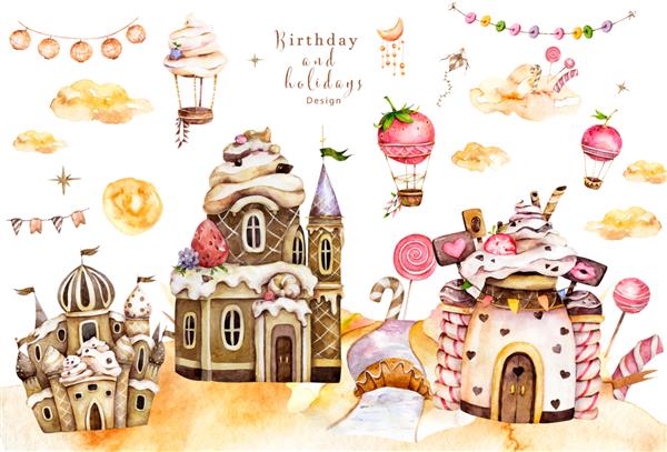 خانه های آب نبات فانتزی کارتونی و قلعه های شیرین افسانه ای ست آبرنگ شکلاتی شیرینی زنجبیلی و بستنی خانه های دسر با خامه بالن هوای گرم مجموعه شیرینی از تصویر دوران کودکی