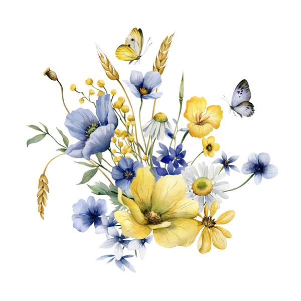 دسته گل آبرنگ گل های وحشی تابستانی تصویرسازی جشن با گل های وحشی و پروانه ها برای چاپ یا طرح شما حمایت و صلح برای اوکراین