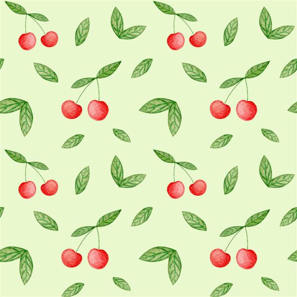 تصویر آبرنگ بدون درز میوه گیلاس با برگ الگوی میوه کارتونی زیبا طرح تخت برای چاپ مد