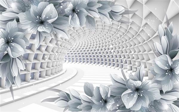 تصویر سه بعدی از گل ها در منظر یک تونل خاکستری برای کاغذ دیواری چاپ دیجیتال کاغذ دیواری طرح سفارشی