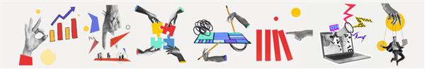 نمودارها پازل ها نمودارها کلاژ هنر معاصر ساخته شده از عکس‌هایی از افراد دست‌هایی که به سختی روی پس‌زمینه سفید کار می‌کنند مفهوم تجارت امور مالی شغل همکاران تیم‌سازی بروشور