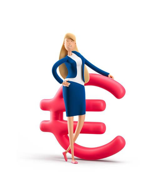 زن جوان تاجر ایستاده با علامت یورو بزرگ در پس‌زمینه سفید تصویر سه بعدی