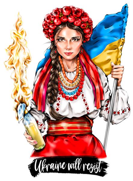 زن اوکراینی که کوکتل مولوتف در دست دارد دختری با لباس ملی اوکراین و تاج گل روی سرش زن زیبا که پرچم اوکراین را در دست دارد