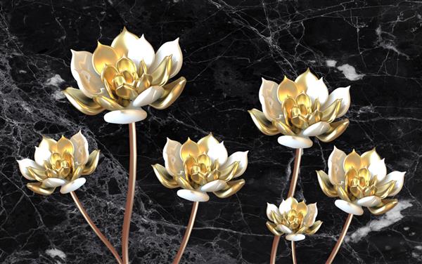تصویر سه بعدی از گل های طلایی روی سنگ مرمر سیاه برای کاغذ دیواری چاپ دیجیتال کاغذ دیواری طرح سفارشی
