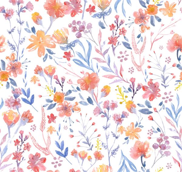 الگوی گلدار آب رنگی کشیده شده با دست پس زمینه تکرار بدون درز گل ها و برگ های زرد و نارنجی طراحی بهار تابستان