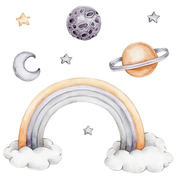 مجموعه ای با رنگین کمان فانتزی ماه سیارات و ستاره ها تصویر کشیده شده با آبرنگ با زمینه سفید جدا شده