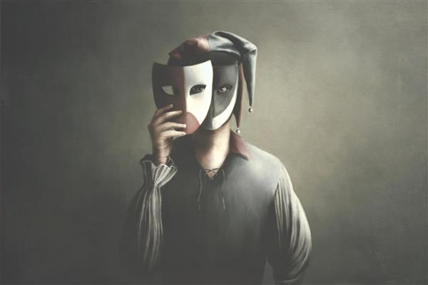 تصویر دلقک شوخی که چهره خود را با ماسک های نمایشی پنهان می کند مفهومی سورئال
