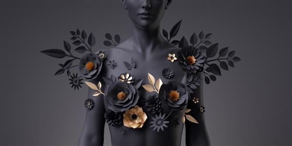 رندر سه بعدی نیم تنه زن گلدار مانکن سیاه تزئین شده با گل های کاغذی طلایی شبح زن جدا شده در پس زمینه سیاه حمایت از سرطان سینه مجسمه گیاه شناسی مدرن